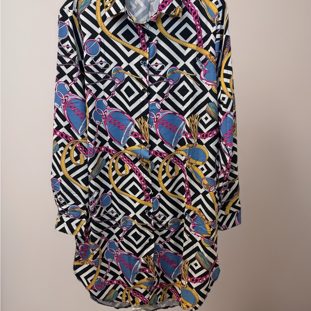 Da Moda Black, White, Pink, Blue, Gold Patterned Button-Up Dress Size L